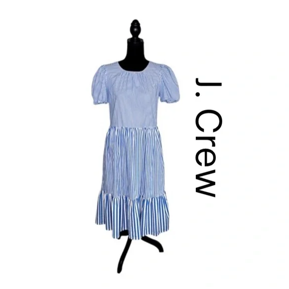 J. Crew Poplin Puff Sleeve Blue Striped Tiered Midi Ruffle Dress Size 4 GUC! - Picture 1 of 16